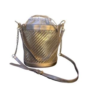 INC Gold Metallic Basket Weave Round Bucket Bag Purse